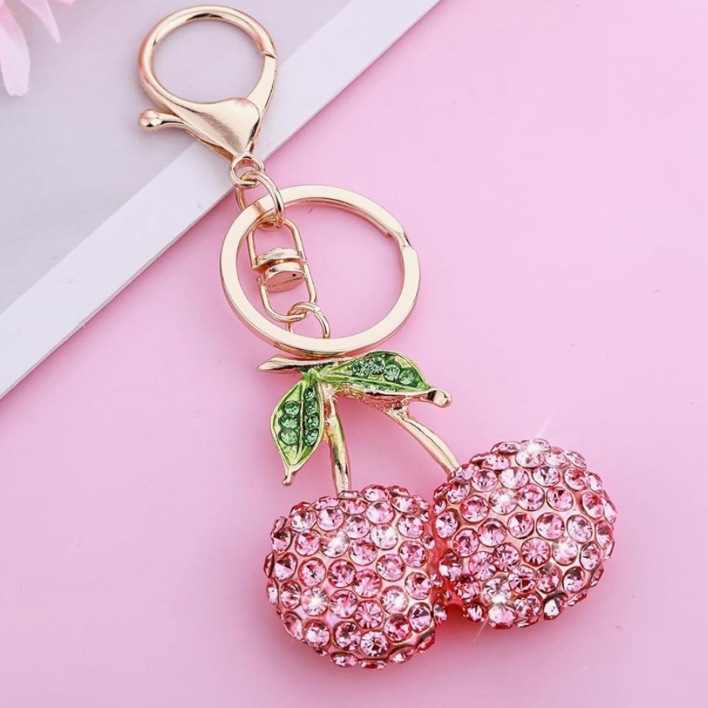 Cherry Bling rhinestone bag charm with gold clip keys, purse, accessories - Picture 2 of 2